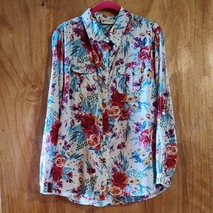 Magazine Womens Floral Button-Up Top Blue Red Convertible Sleeve Cotton India L